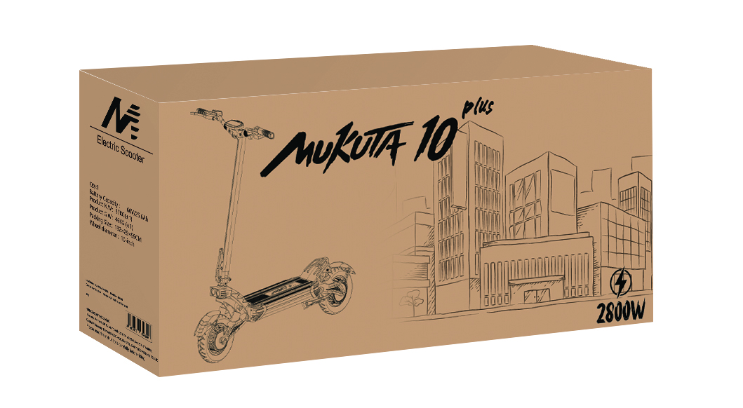 Elektrikli scooter kutusu, üzerinde 'Mukuta 10 plus' yazısı ve şehir silüeti.