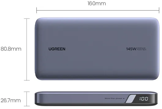 Grauer UGREEN Powerbank, 145W, 25000mAh, mit Digitalanzeige (100).