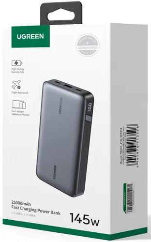 UGREEN 25000mAh 145W Schnelllade-Powerbank mit Digitalanzeige auf weißer Box.