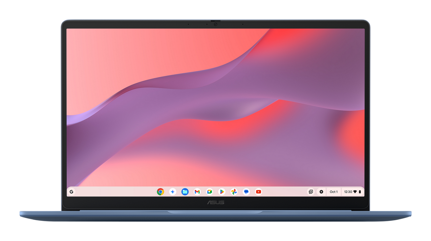 Un portátil azul con un fondo de pantalla colorido en su pantalla.