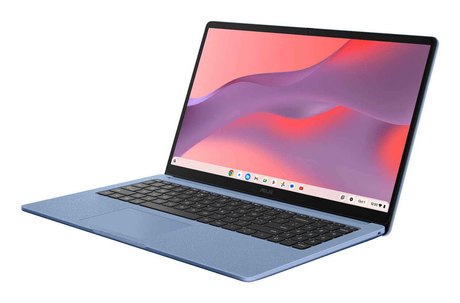 Un portátil azul con un fondo de pantalla colorido en la pantalla.