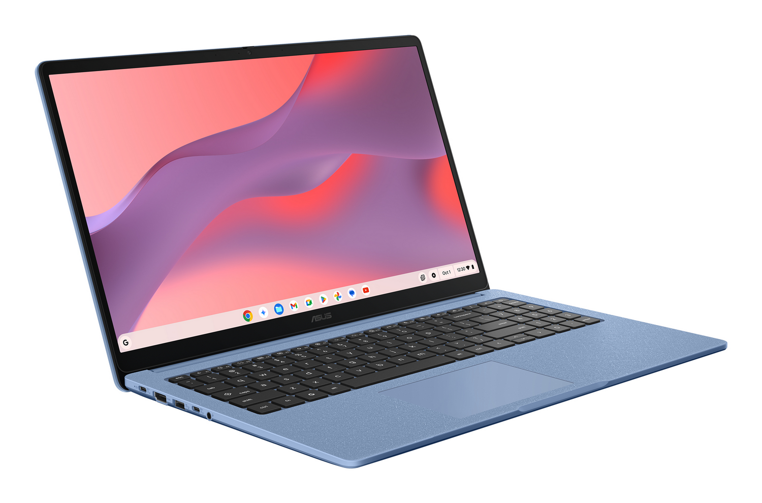 Un Chromebook Asus azul claro muestra un fondo de pantalla colorido en su pantalla.