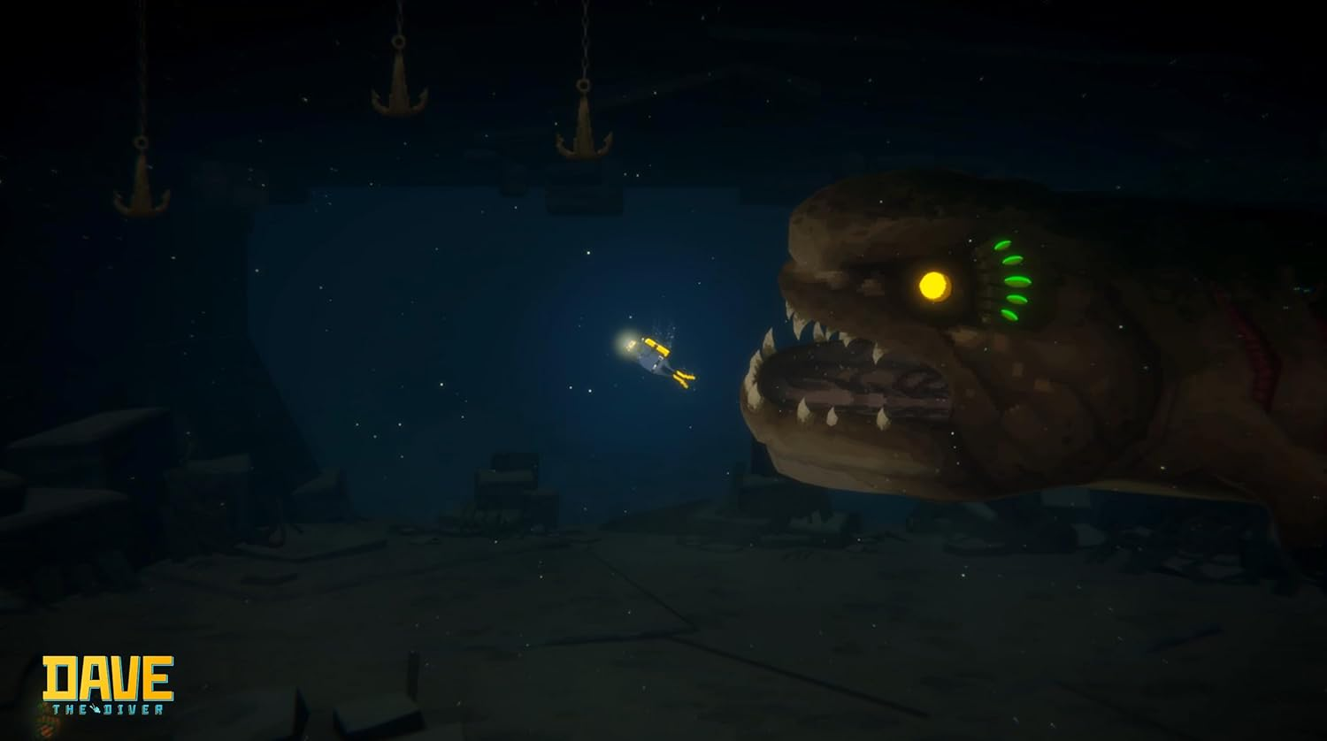 Ein Taucher schwimmt vor einem riesigen Monsterfisch im dunklen Wasser.