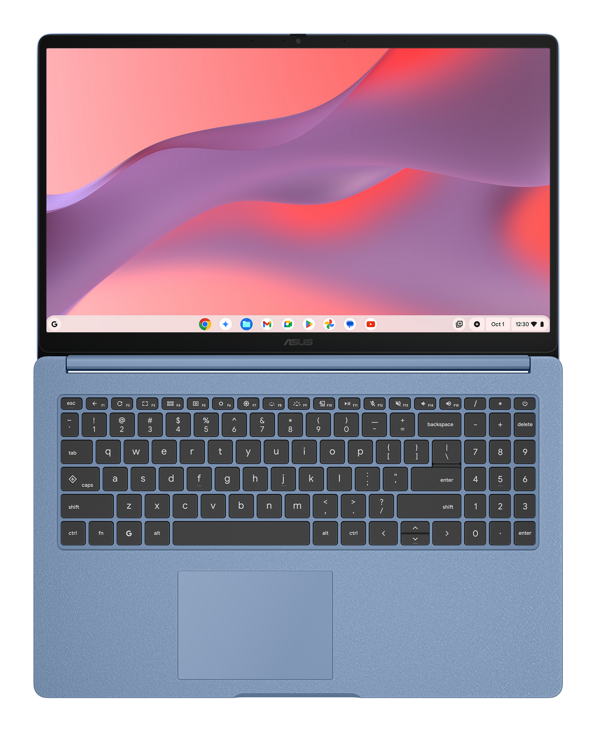Portátil azul con teclado y panel táctil, abierto sobre fondo blanco.