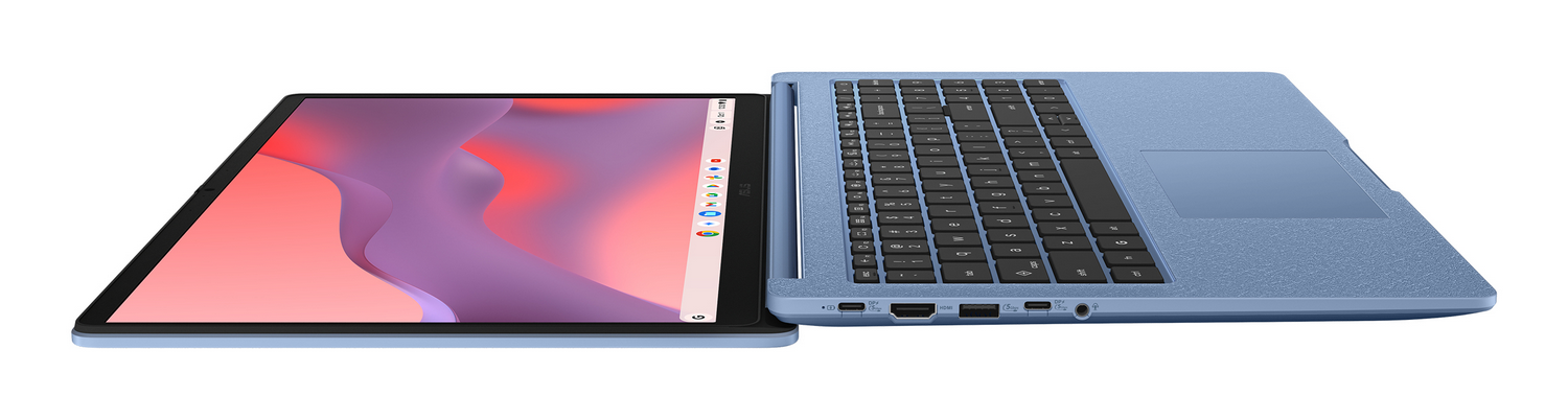 Un portátil convertible azul con teclado y pantalla, sobre fondo blanco.
