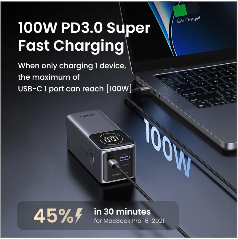 Caricatore grigio collegato al laptop. Ricarica rapida 100W PD3.0. 45% in 30 min.