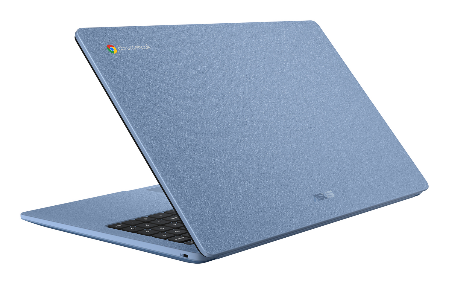 Un Chromebook azul claro con logo Asus en la tapa.