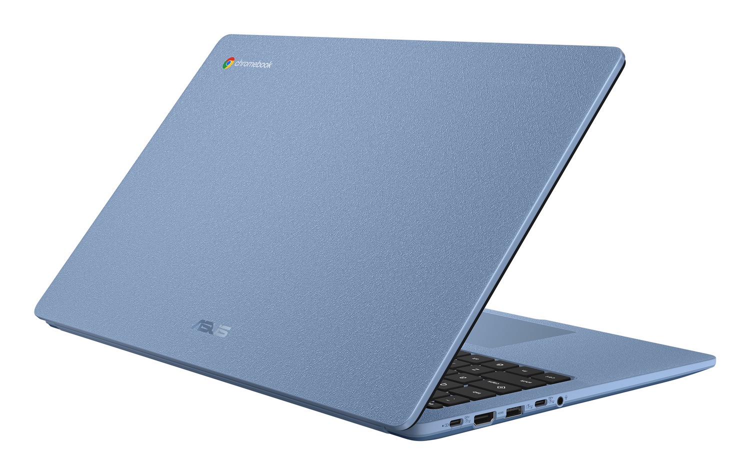 Un portátil azul claro con logo "Chromebook" y marca "ASUS".