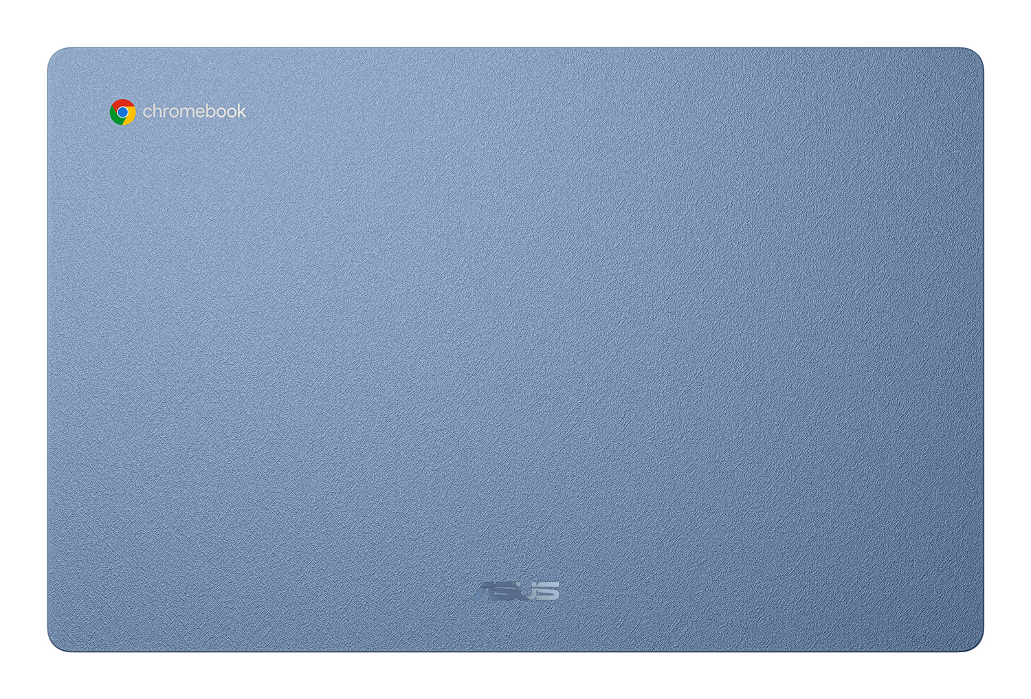 Chromebook azul con logotipos de Asus y Chromebook.