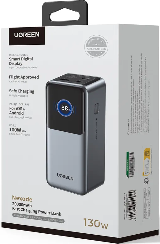 Confezione power bank UGREEN Nexode con capacità 20000mAh e potenza 130W.