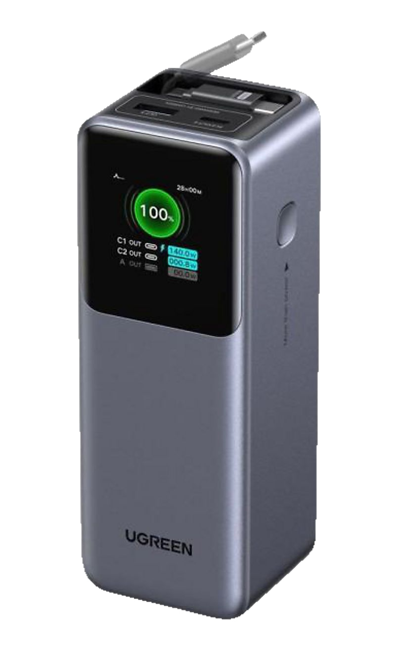 Grauer UGREEN Powerbank mit digitaler Anzeige, 100% Ladung, zwei USB-C Ports.