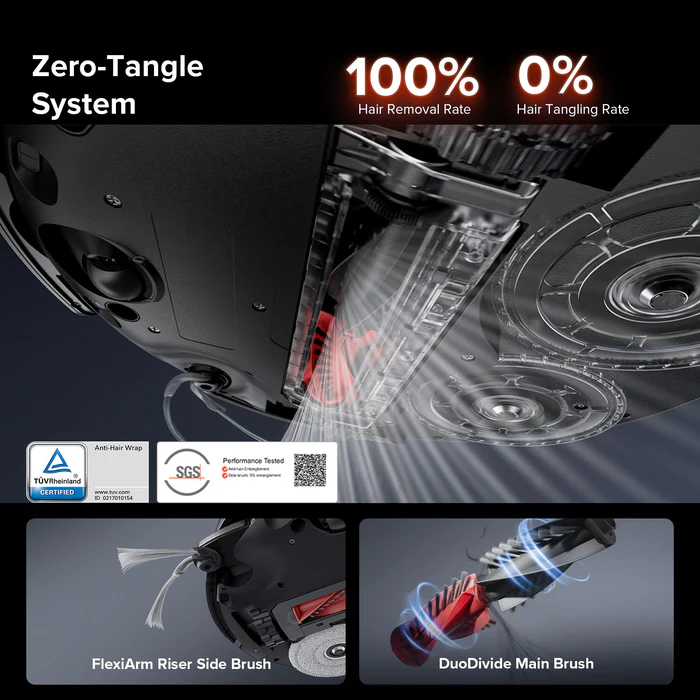Ein Roboterstaubsauger mit "Zero-Tangle System". Zeigt 100% Haarentfernungsrate.