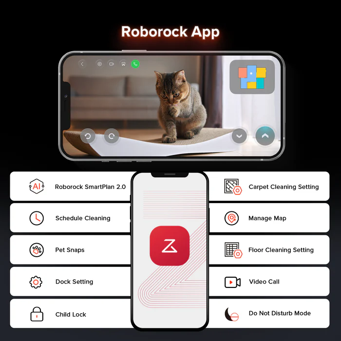 App-Ansicht mit Katze und Reinigungsoptionen wie Zeitplan, Haustier-Snaps, Dock-Einstellung.
