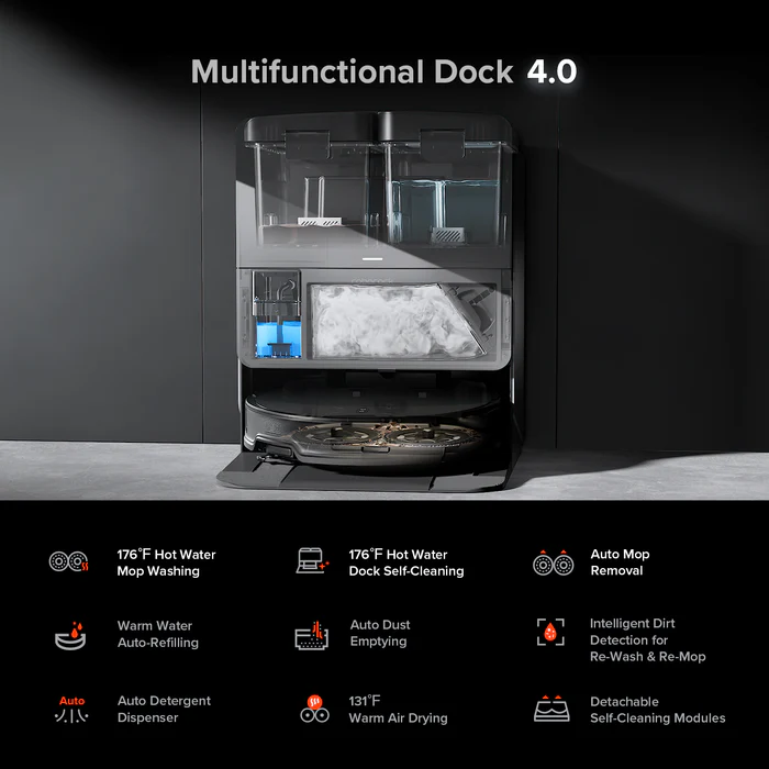 Multifunktionale Dockingstation 4.0 mit Reinigungsfunktionen wie Heißwasserwäsche und Selbstreinigung.