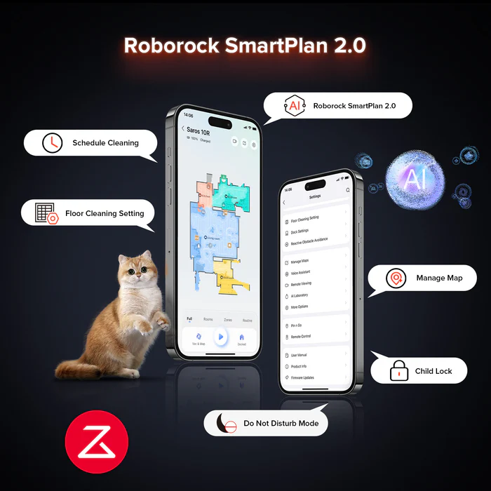 Ein Roboterstaubsauger mit KI-Funktionen, gesteuert über ein Smartphone-Interface.