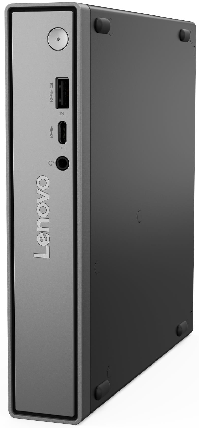 Egy Lenovo mini PC ezüst előlappal és fekete oldallal. Portok láthatók.