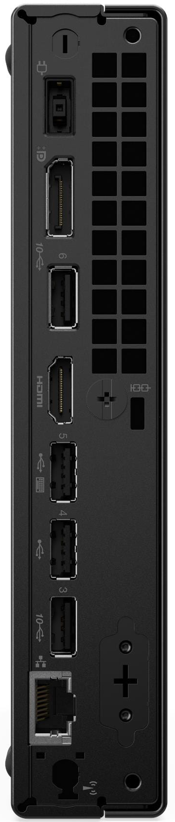 Fekete számítógép hátulja portokkal: tápellátás, DisplayPort, HDMI, USB és Ethernet.