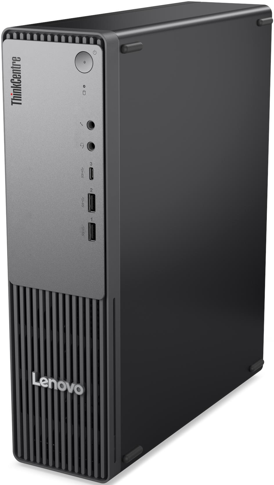 Fekete Lenovo ThinkCentre PC ezüst előlappal és USB portokkal.