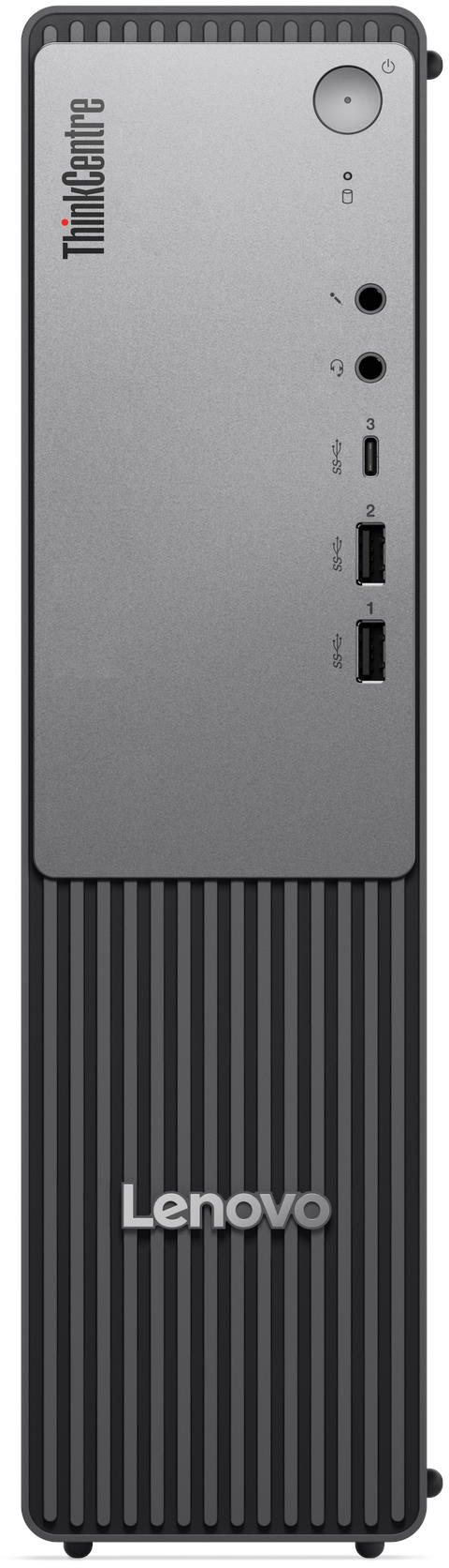 Szürke Lenovo ThinkCentre PC függőleges csíkokkal alul és portokkal felül.