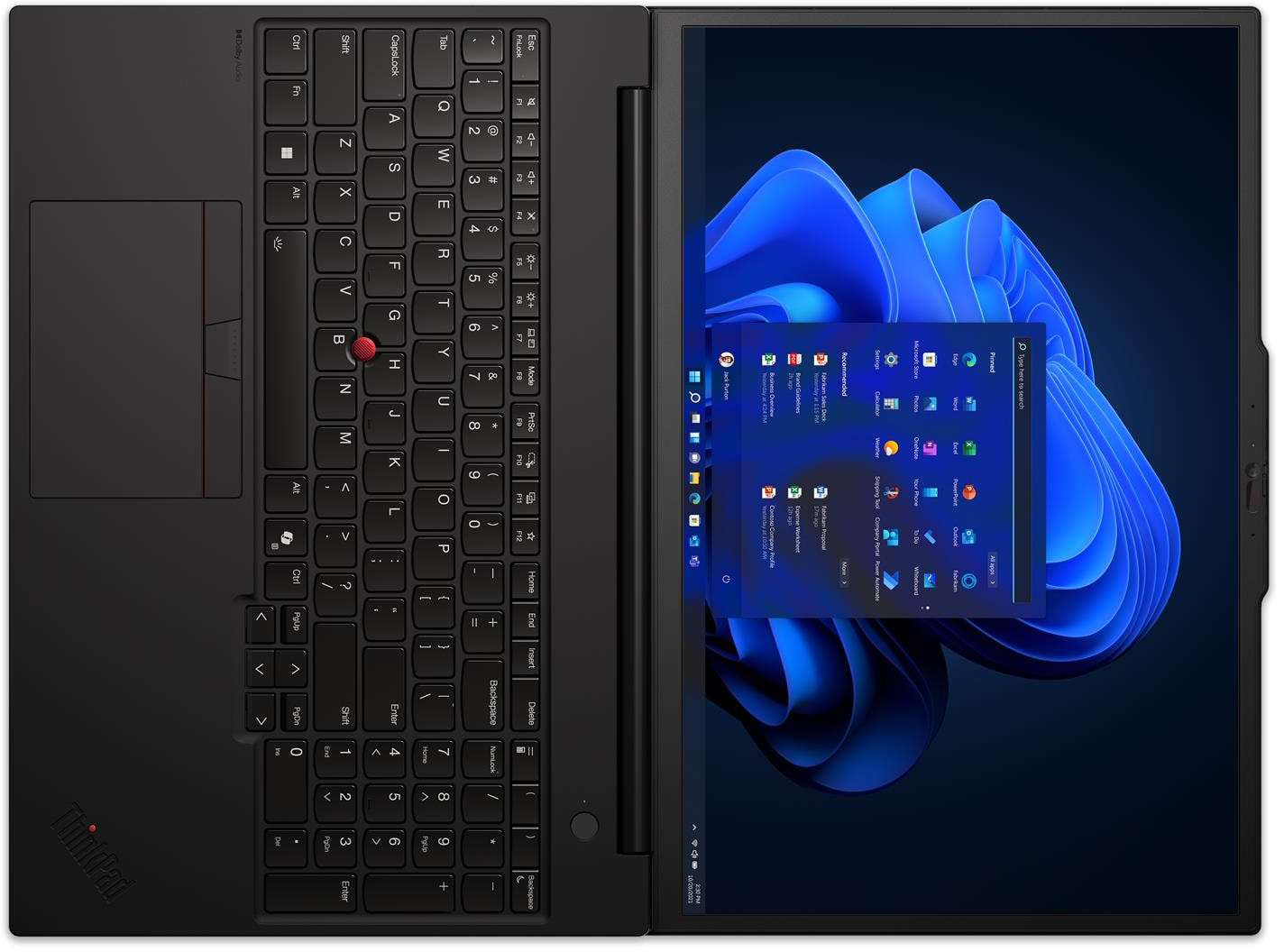 Egy fekete laptop nyitott képernyővel, amely a Windows 11 Start menüt jeleníti meg.