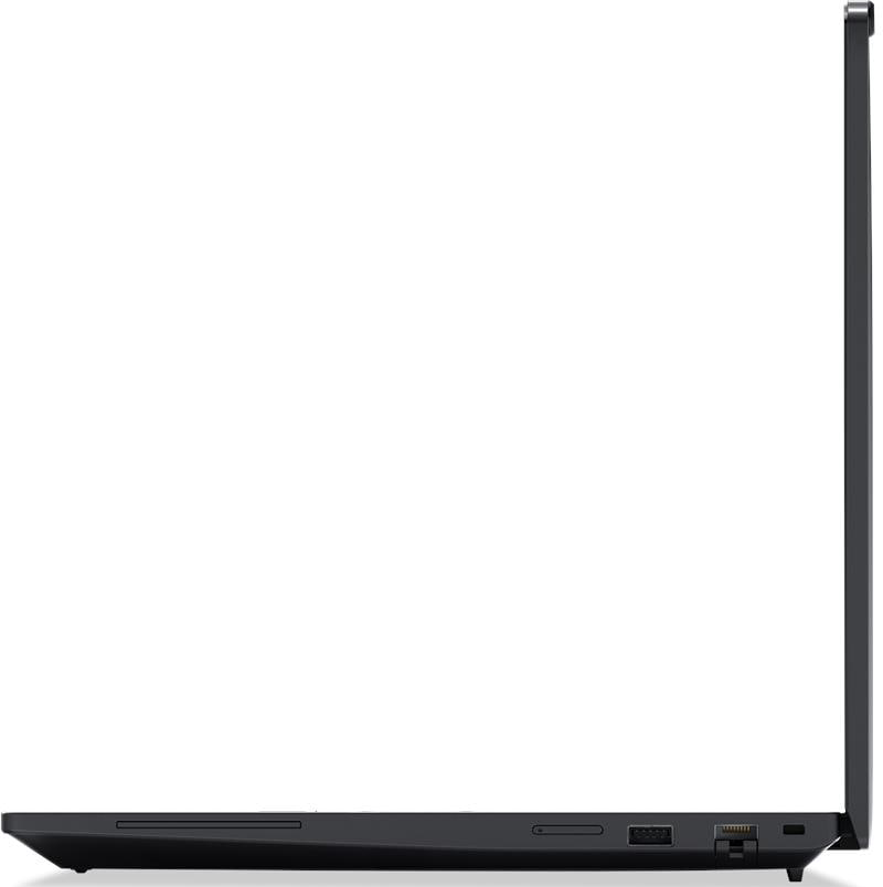 Egy zárt fekete laptop oldalnézete, jobb oldalon látható portokkal.
