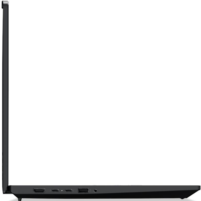 Fekete laptop oldalnézete, HDMI és USB portokkal.
