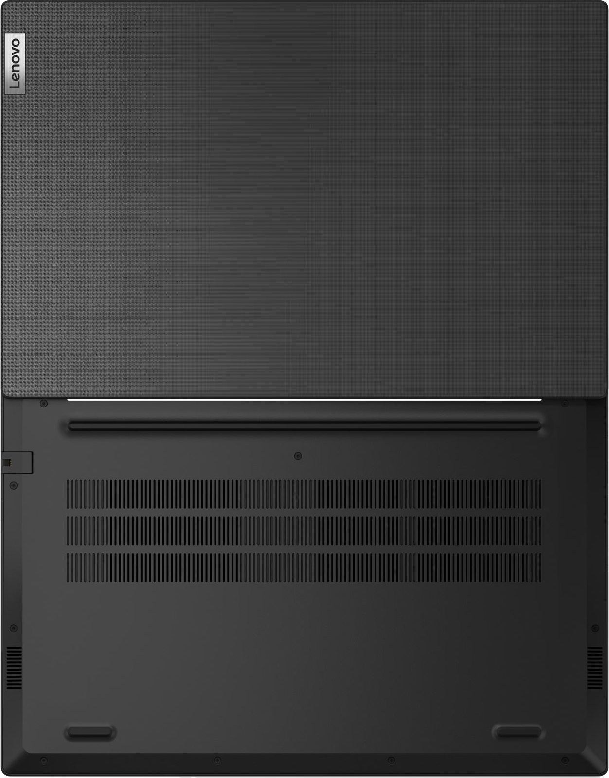 Fent: Zárt sötét laptop fedél Lenovo logóval. Lent: Nyitott laptop alja szellőzőráccsal.