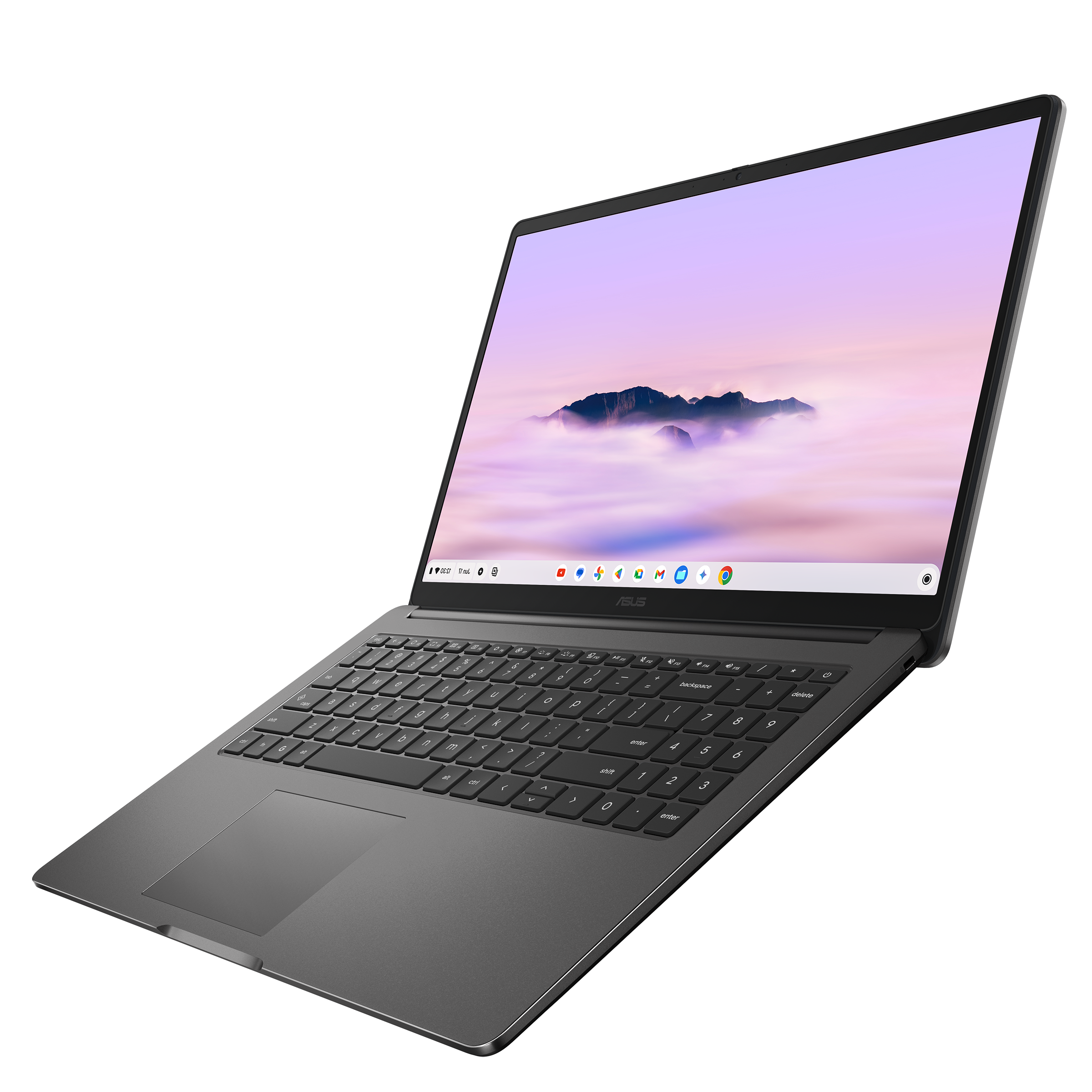 Ein graues ASUS Laptop mit beleuchteter Tastatur und Berg-Wolken-Hintergrundbild.