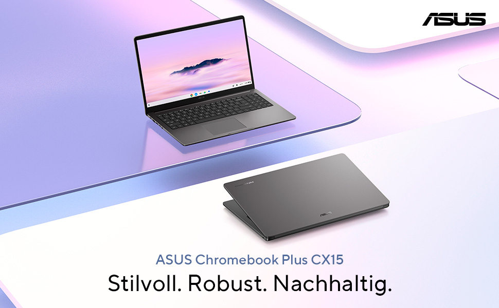 Zwei graue ASUS Chromebook Plus CX15 Laptops auf einem lila und weißen Hintergrund.
