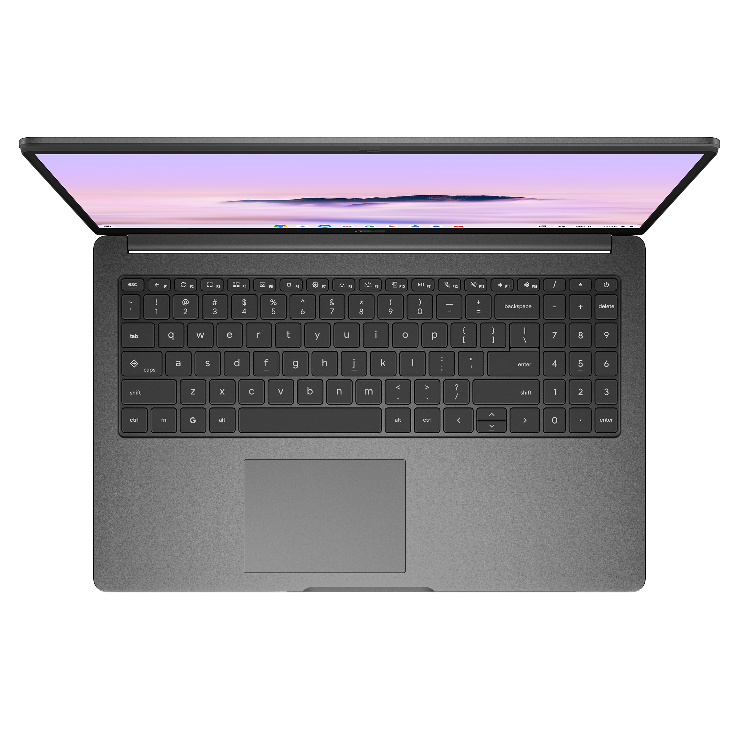 Ein offener grauer Laptop auf schwarzem Hintergrund mit einem lila-rosa Hintergrund.