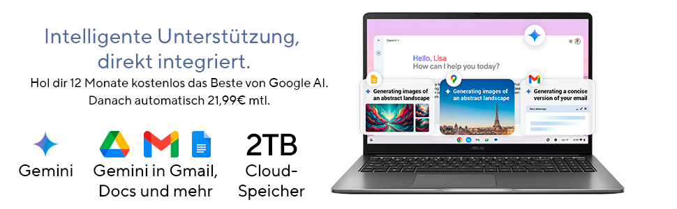 Ein Laptop zeigt Gemini AI, das Bilder und E-Mails generiert. Links sind Google-Logos und 2TB Speicher.