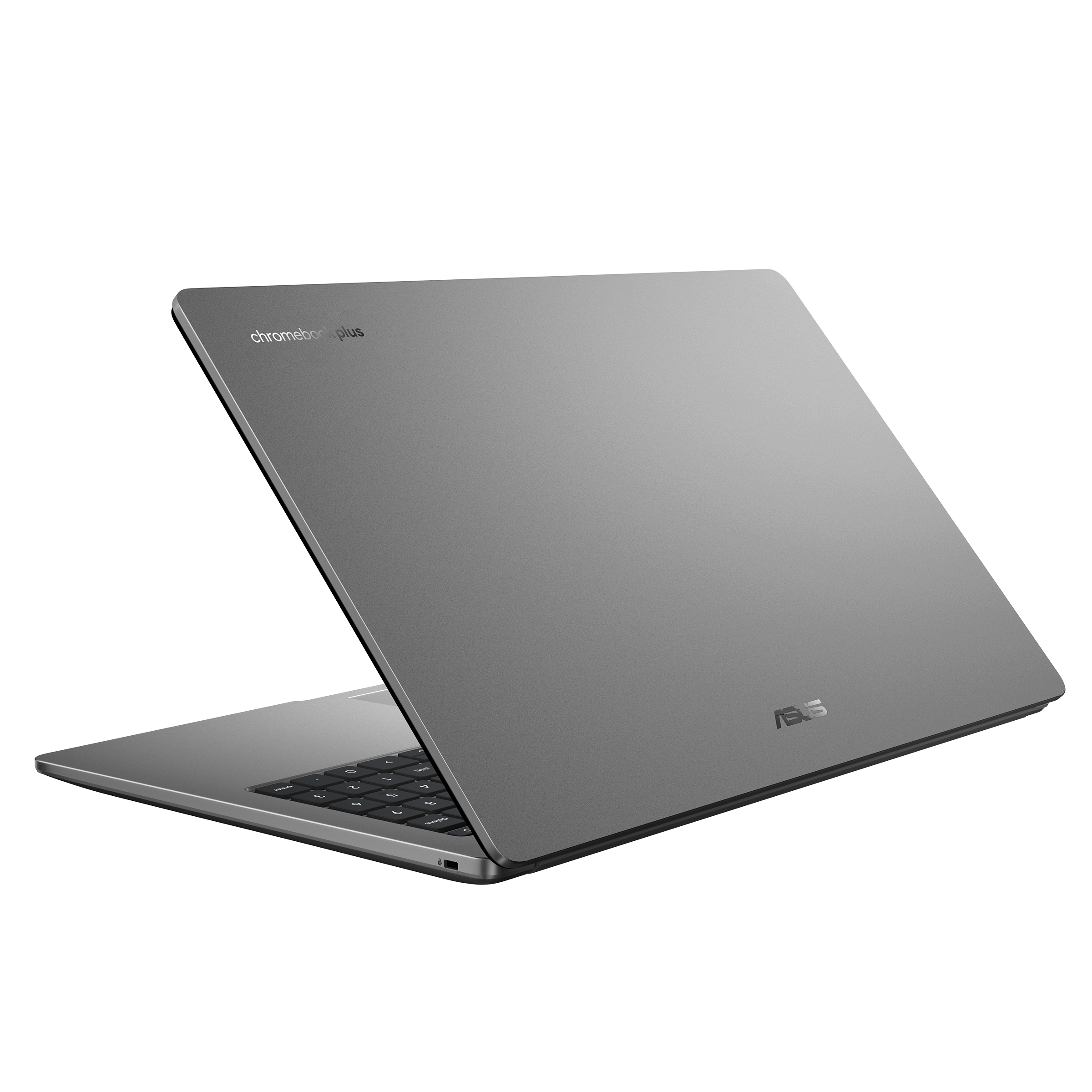 Graues Asus Chromebook Plus Laptop, teilweise geöffnet, mit Tastatur.