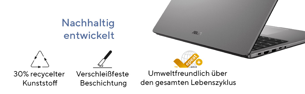 Grauer Laptop mit Nachhaltigkeits-Icons: 30% recycelter Kunststoff, verschleißfeste Beschichtung, EPEAT Gold.