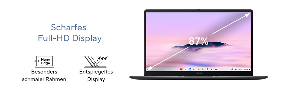 Ein geöffneter Laptop mit Full-HD-Display, NanoEdge und matter Oberfläche.