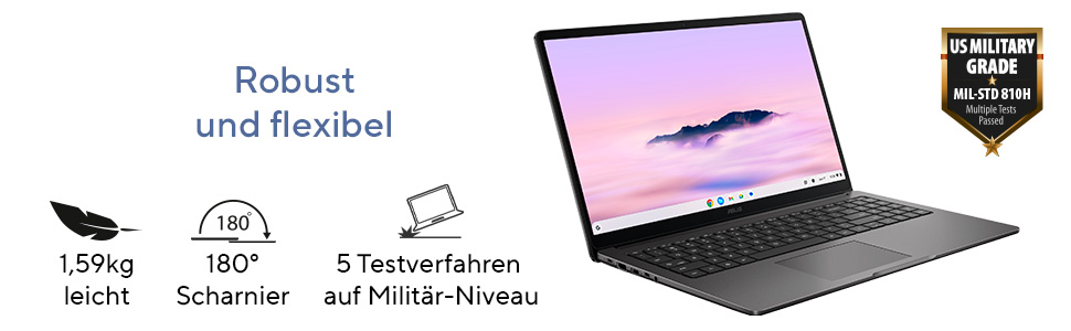 Ein grauer Laptop mit US-Militärgrad-Zertifizierung, 1,59kg leicht, 180° Scharnier.