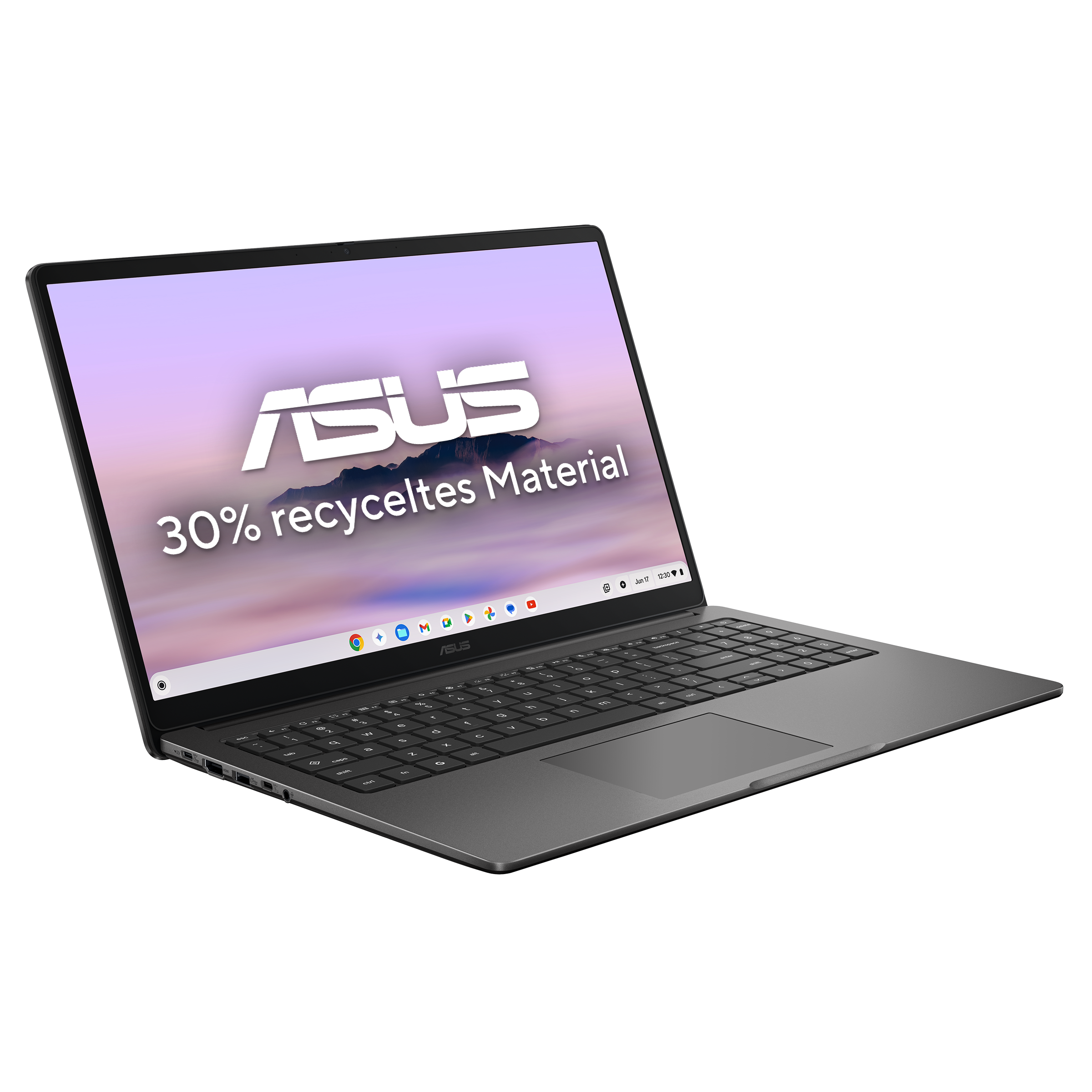 Ein grauer ASUS Laptop mit dem ASUS-Logo und "30% recyceltes Material" auf dem Bildschirm.