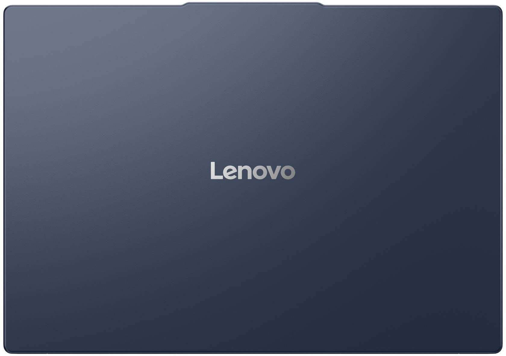Zárt sötétkék laptop ezüst Lenovo logóval a közepén.