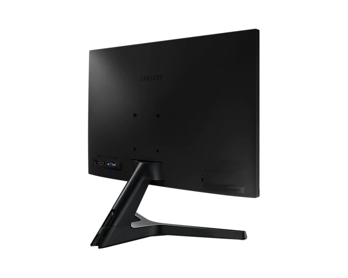 Tył czarnego monitora Samsung ze stojakiem i portami.