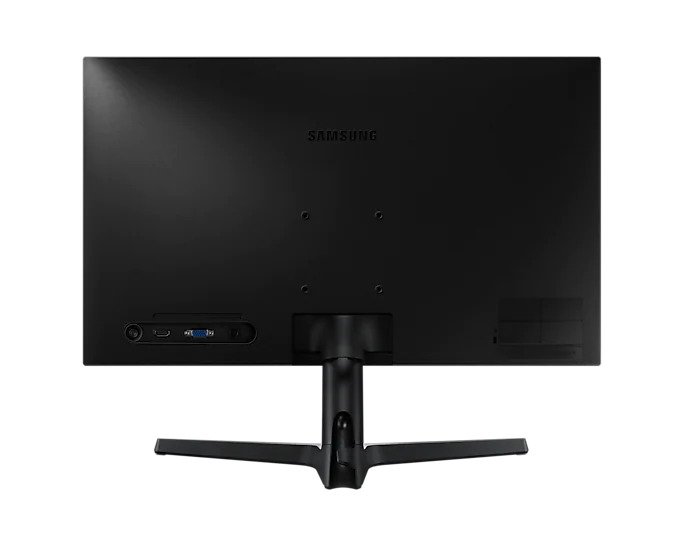 Tył czarnego monitora Samsung z portami i podstawką.
