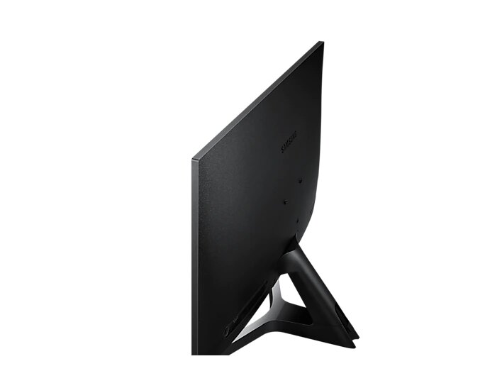 Tył czarnego monitora Samsung z podstawą w kształcie litery Y.