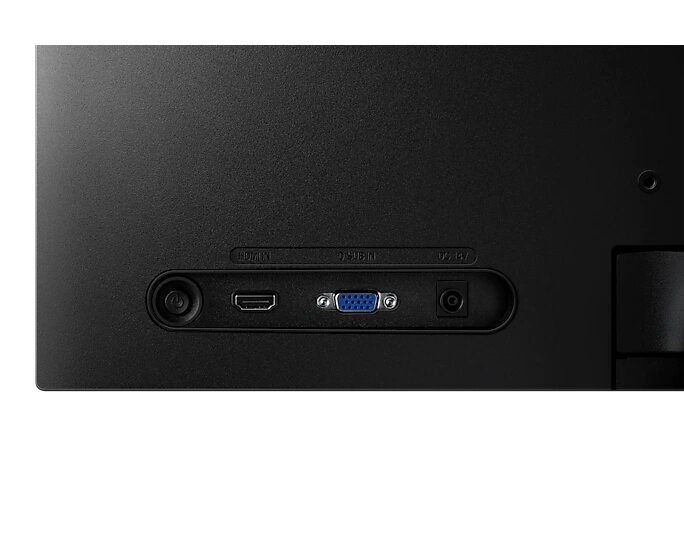 Tylny panel pokazuje porty HDMI, D-SUB i DC-IN. Widoczny jest przycisk zasilania.
