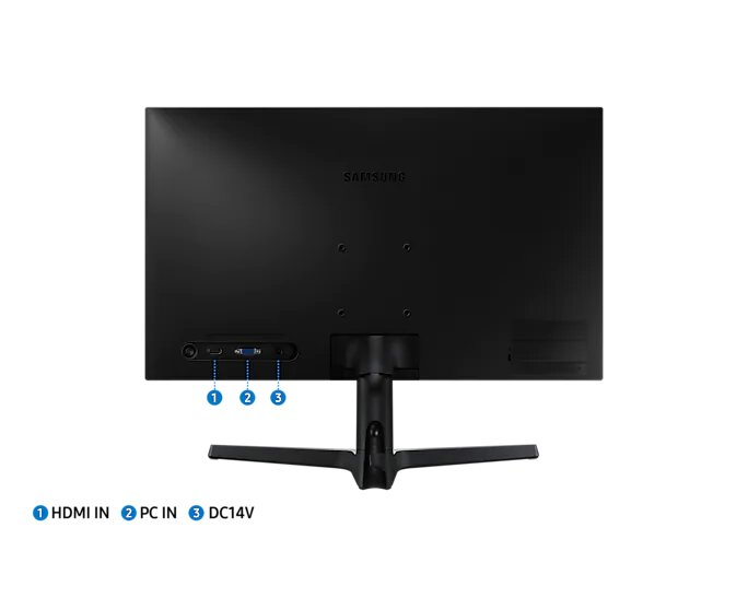 Tył czarnego monitora Samsung z portami HDMI, PC i DC14V.