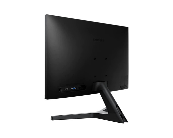 Tył czarnego monitora Samsung z portami i podstawką.