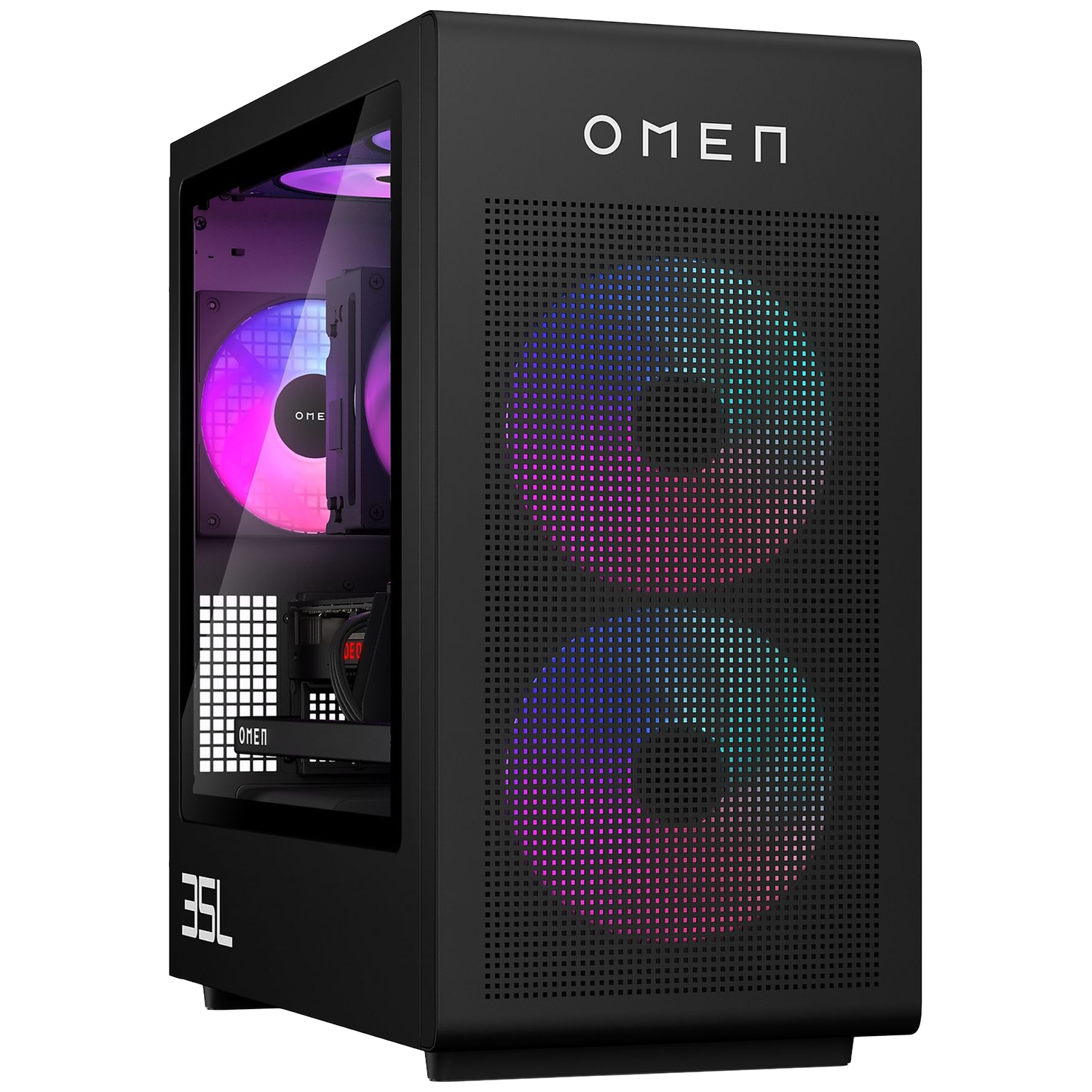 PC gamer OMEN noir avec ventilateurs et panneau avant éclairés.