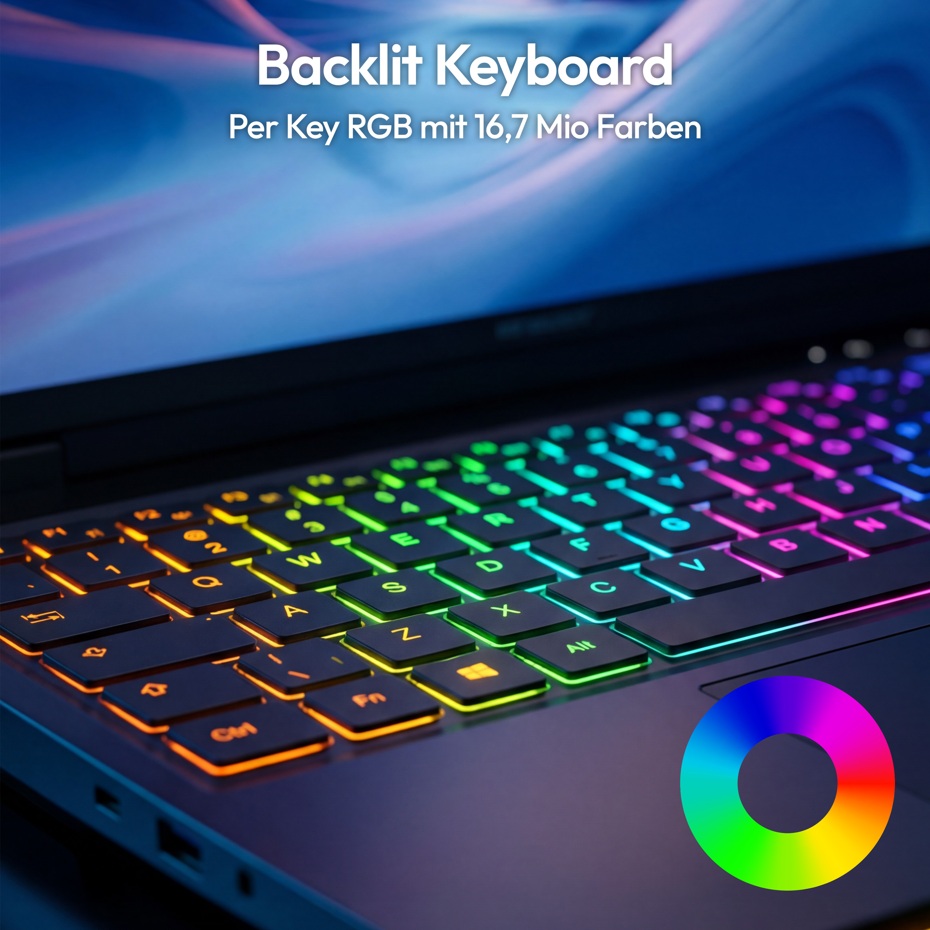 Ein Laptop mit beleuchteter Tastatur, die Farben von Blau bis Rot anzeigt.
