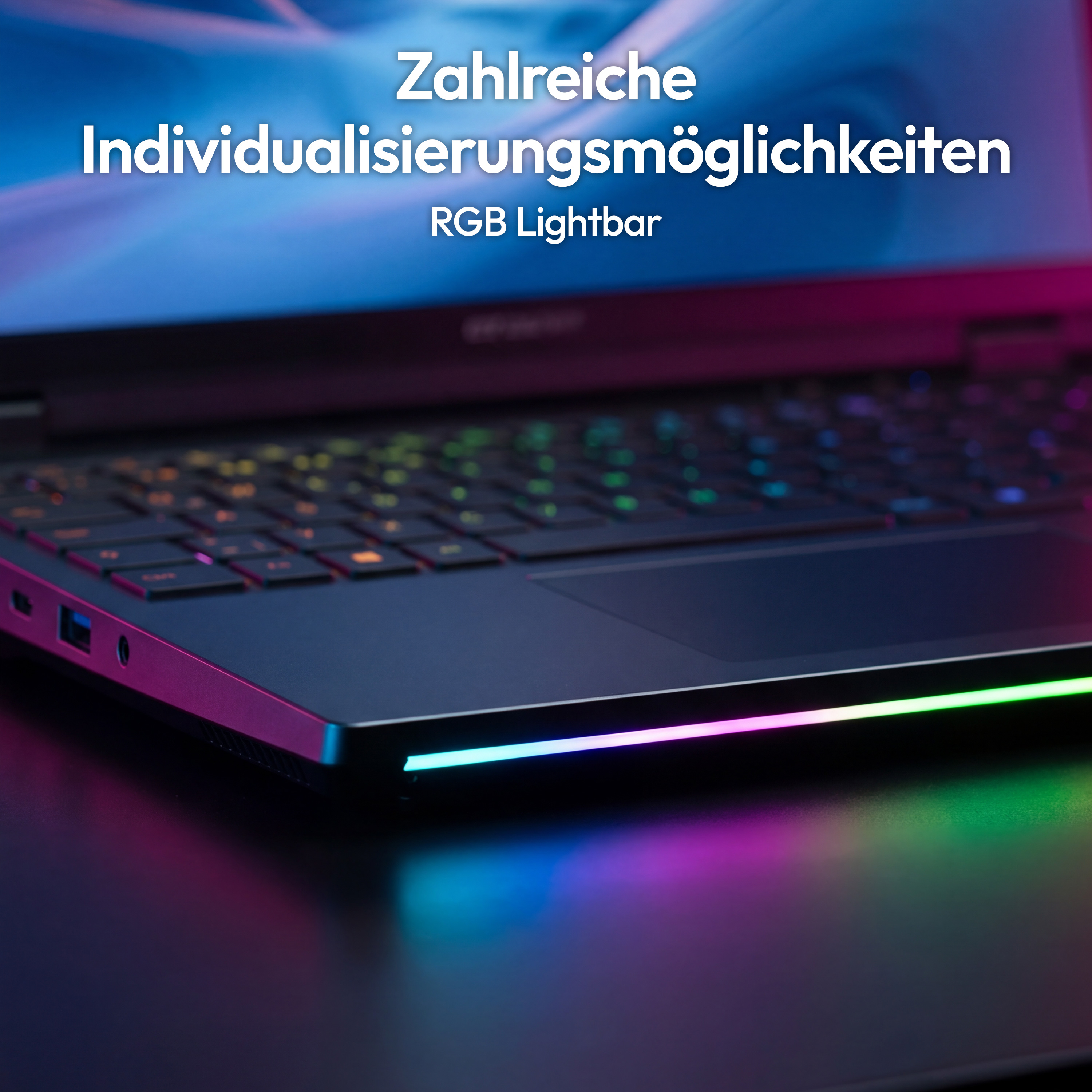 Ein Laptop mit beleuchteter Tastatur und RGB-Lichtleiste in Blau, Pink und Grün.
