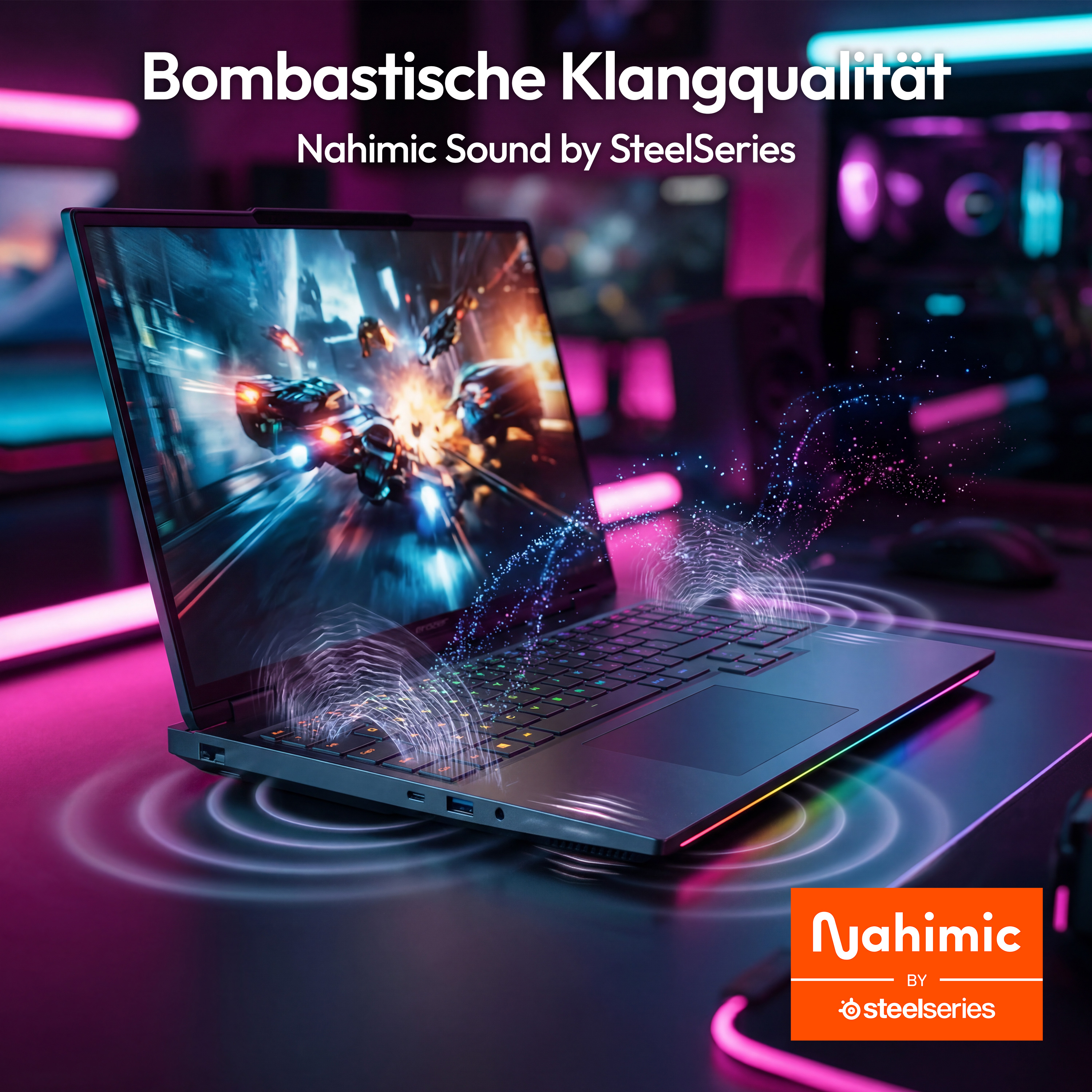 Ein Laptop zeigt ein Rennspiel. Soundwellen steigen vom Laptop auf.