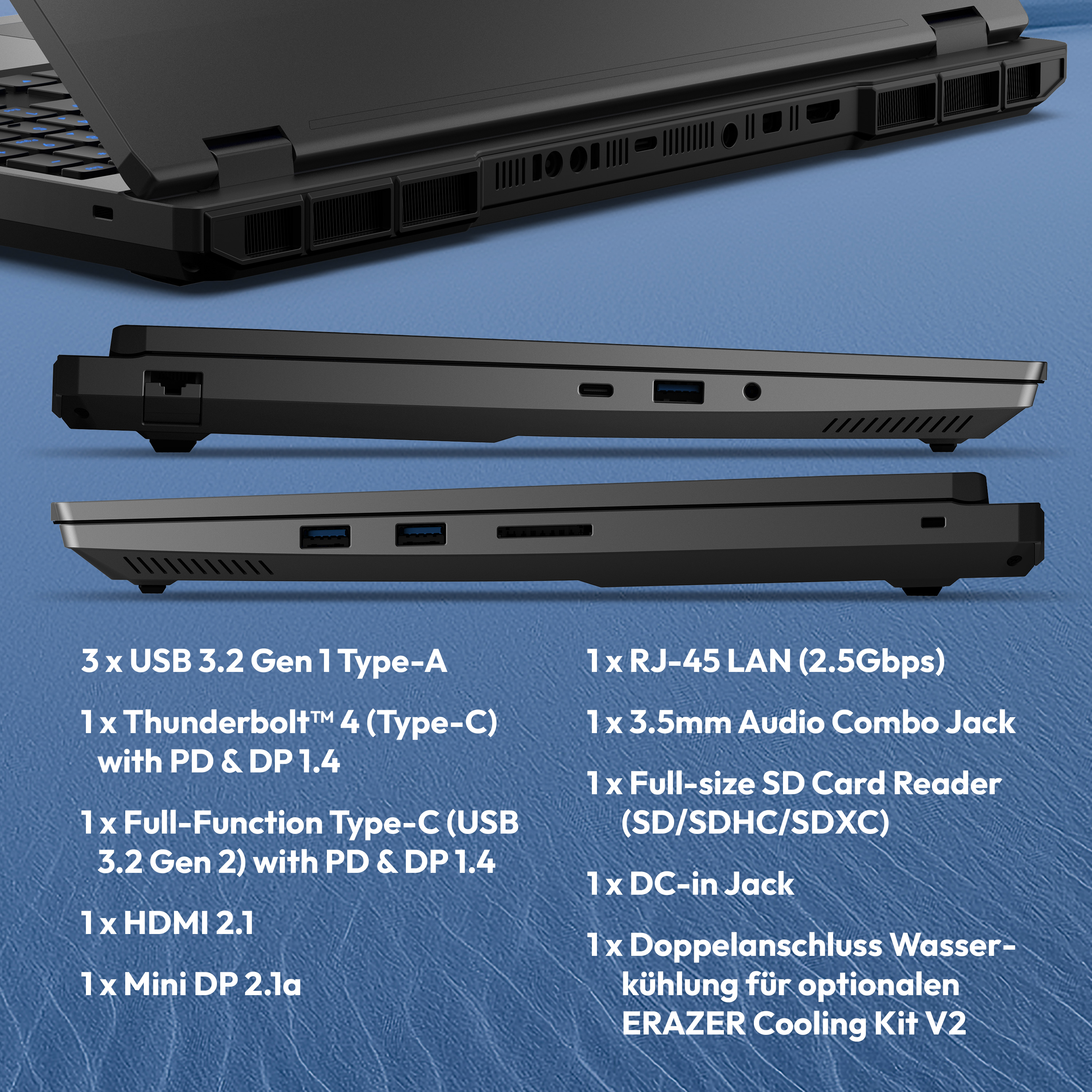 Seitenansichten eines schwarzen Laptops mit Anschlüssen und Spezifikationen.