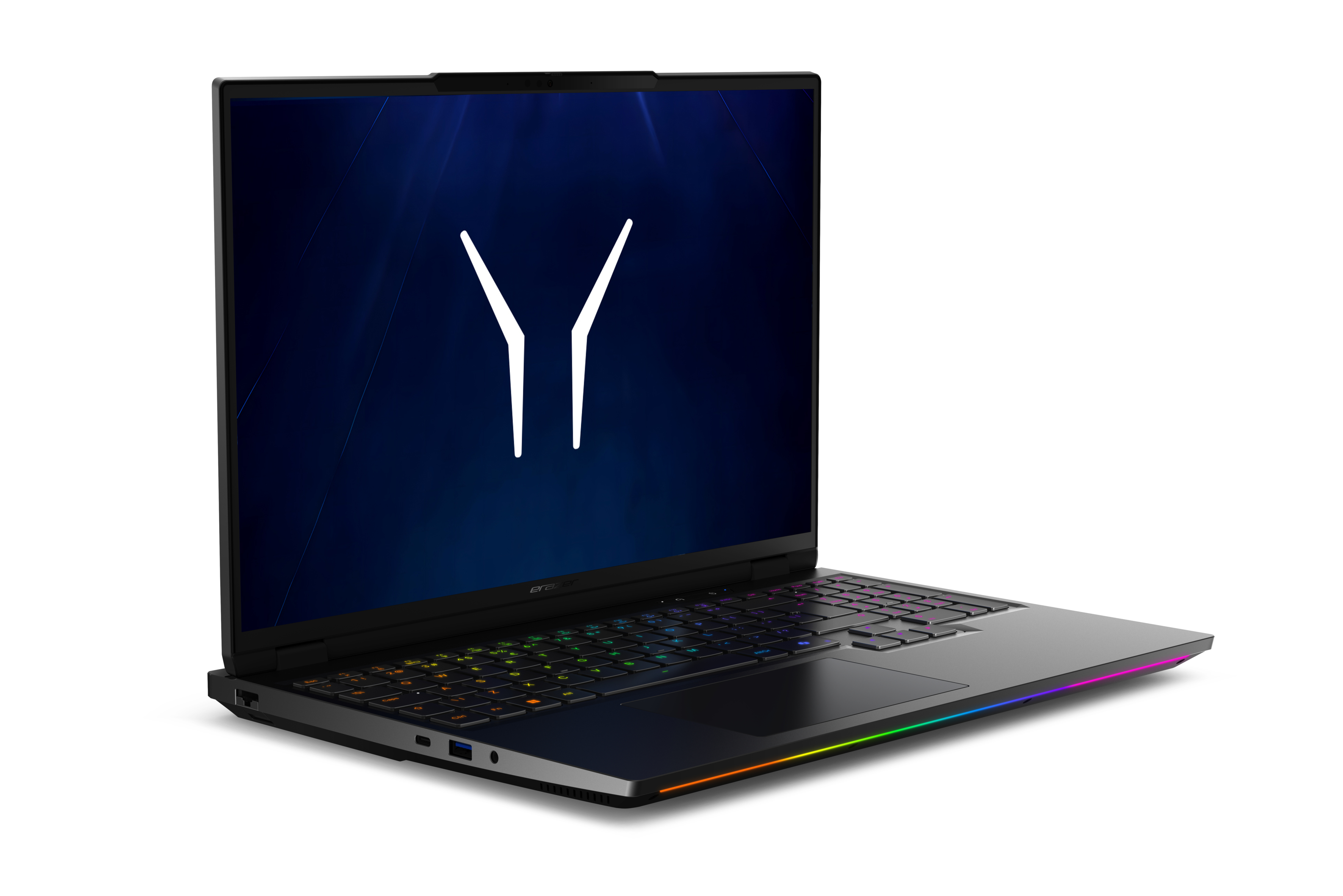 Ein schwarzer Laptop mit beleuchteter Tastatur und einem Y-Symbol auf dem Bildschirm.