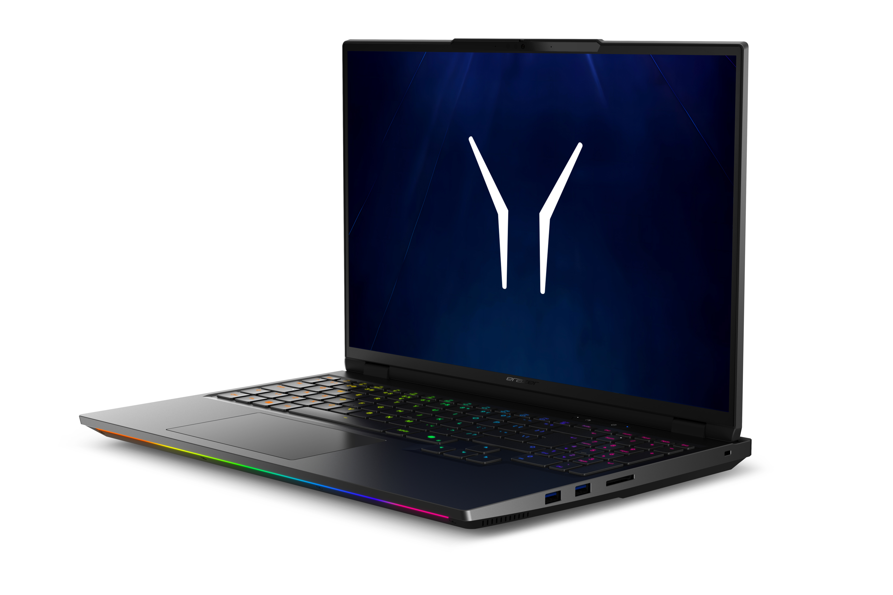 Ein geöffneter schwarzer Laptop mit beleuchteter Tastatur und einem Y-Symbol auf dem dunklen Bildschirm.